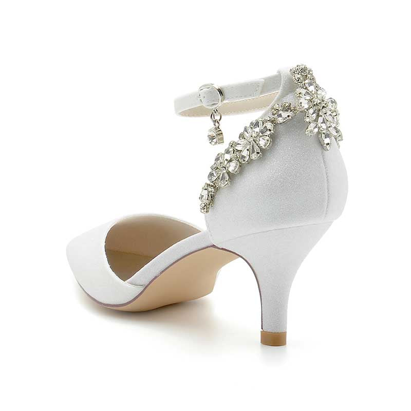 2.36" Pointed Toe Glitter Pumps Ankle Strap Wedding Shoes with Rhinestones