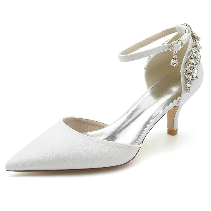 2.36" Pointed Toe Glitter Pumps Ankle Strap Wedding Shoes with Rhinestones