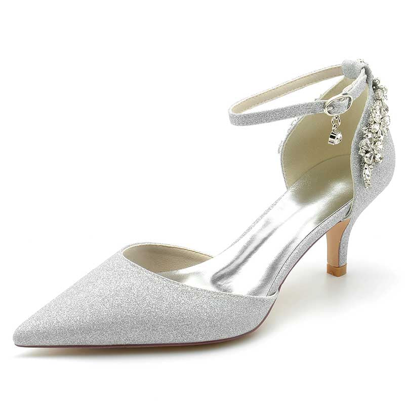 2.36" Pointed Toe Glitter Pumps Ankle Strap Wedding Shoes with Rhinestones