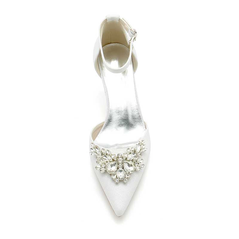 2.36" Pointed Toe Pumps Ankle Stripe Bridal Shoes with Rhinestones