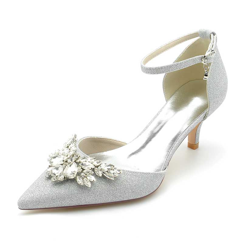 2.36" Pointed Toe Pumps Ankle Stripe Bridal Shoes with Rhinestones