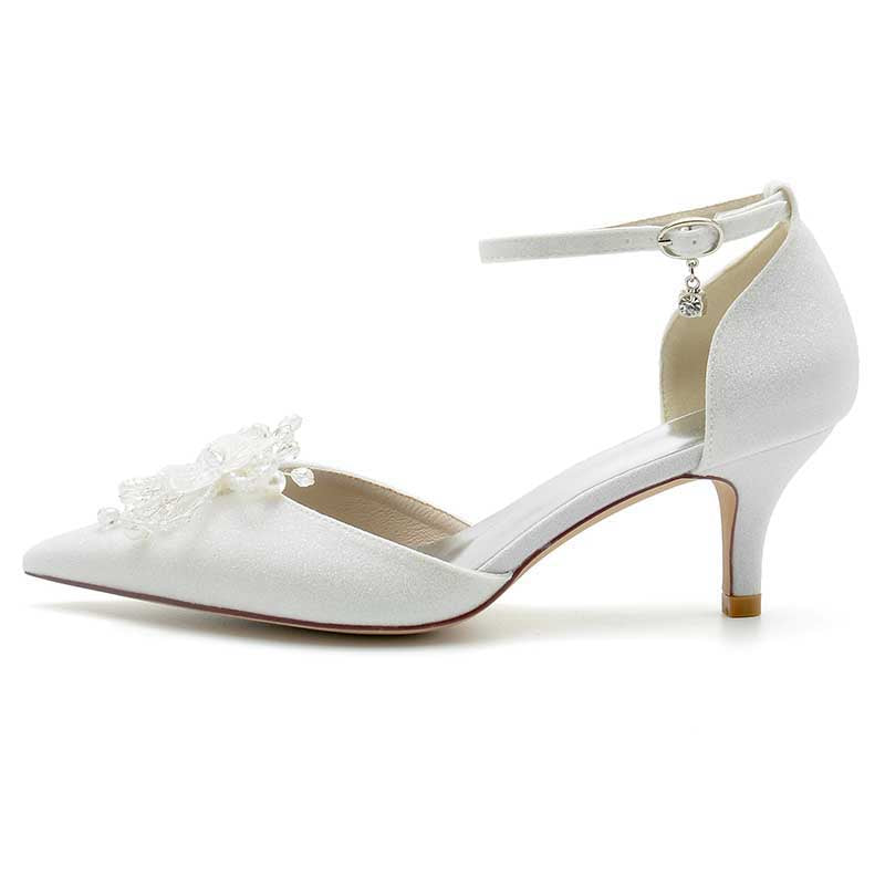 2.36" Pointed Toe Pumps Glitter Ankle Stripe Bridal Shoes with Pearls