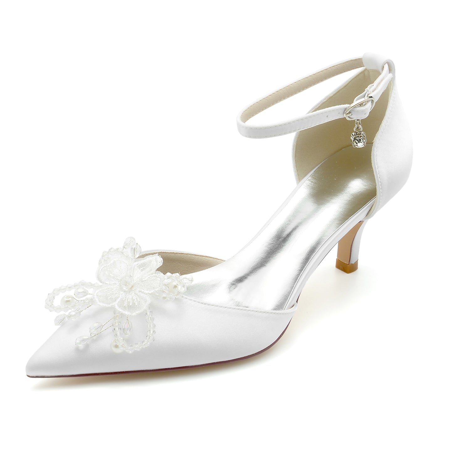 2.36" Pointed Toe Pumps Glitter Ankle Stripe Bridal Shoes with Pearls