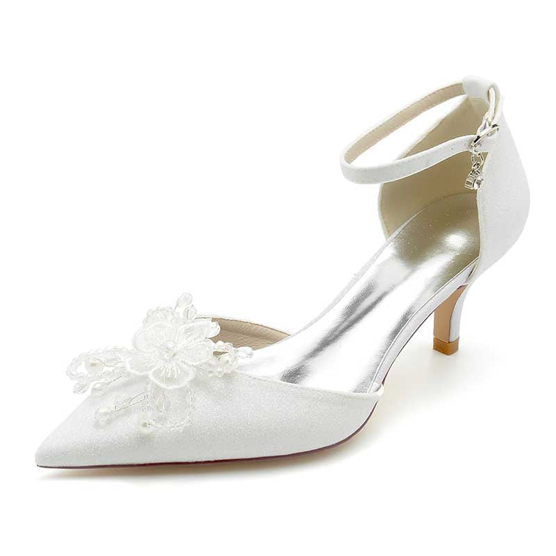2.36" Pointed Toe Pumps Glitter Ankle Stripe Bridal Shoes with Pearls