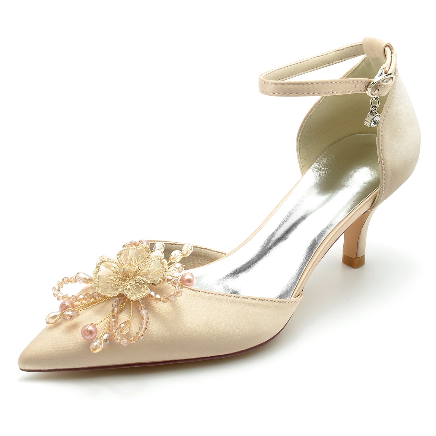 2.36" Pointed Toe Pumps Glitter Ankle Stripe Bridal Shoes with Pearls