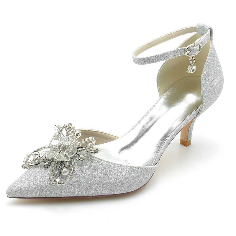 2.36" Pointed Toe Pumps Glitter Ankle Stripe Bridal Shoes with Pearls