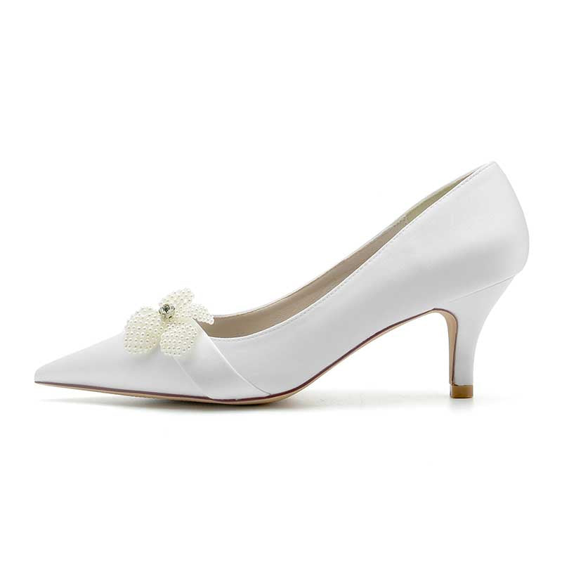2.36" Pointed Toe Pumps Satin Wedding Shoes with Pearls