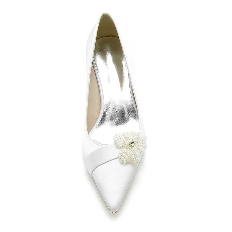 2.36" Pointed Toe Pumps Satin Wedding Shoes with Pearls