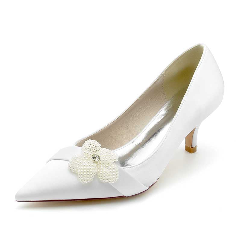 2.36" Pointed Toe Pumps Satin Wedding Shoes with Pearls