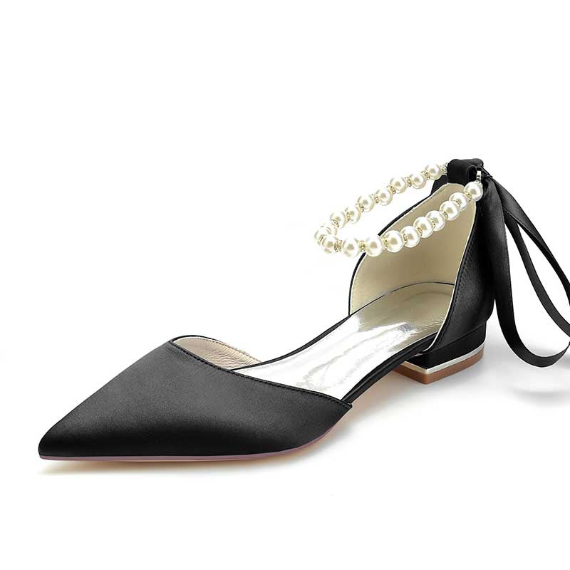 0.98" Pointed Toe Satin Formal Shoes Pearls Lace-Up Flat Wedding Shoes