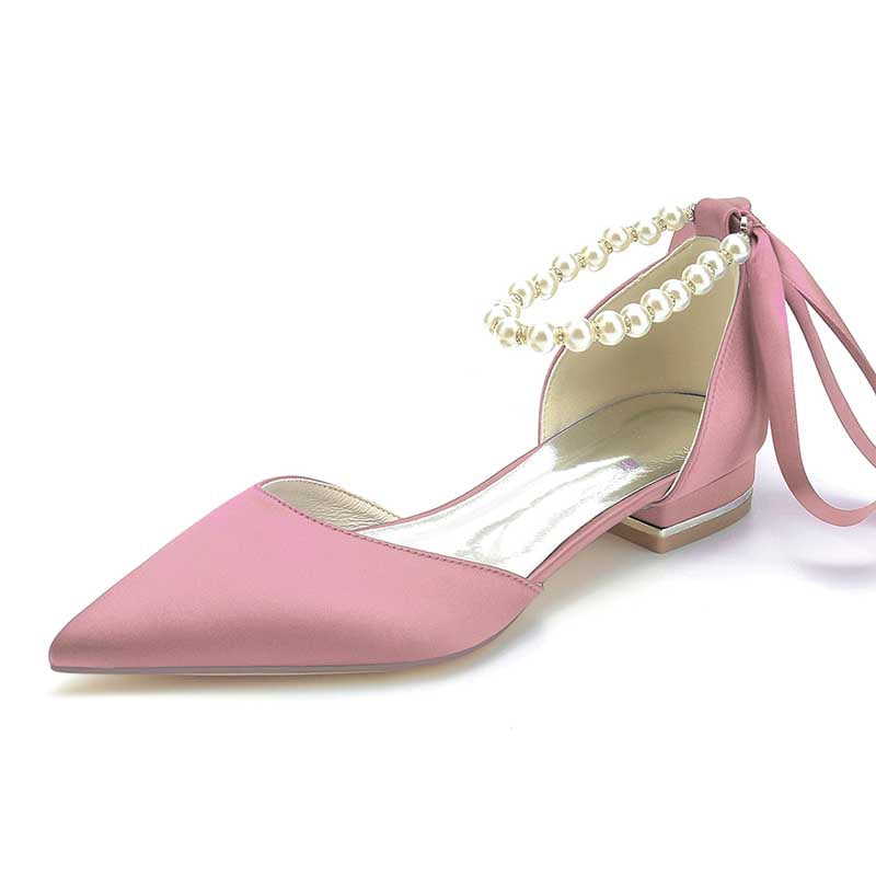 0.98" Pointed Toe Satin Formal Shoes Pearls Lace-Up Flat Wedding Shoes