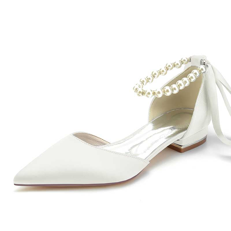 0.98" Pointed Toe Satin Formal Shoes Pearls Lace-Up Flat Wedding Shoes