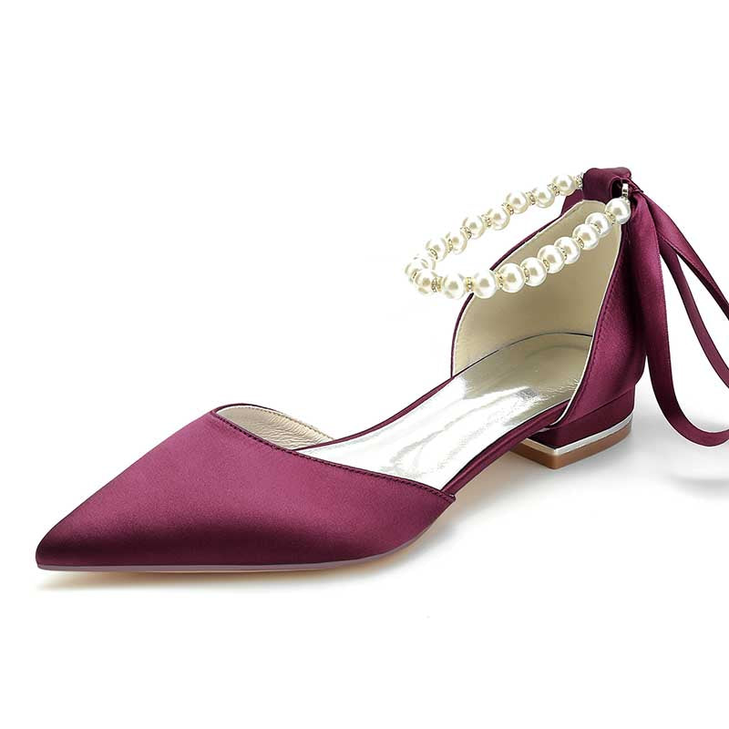 0.98" Pointed Toe Satin Formal Shoes Pearls Lace-Up Flat Wedding Shoes