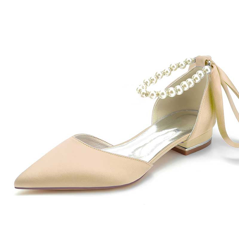 0.98" Pointed Toe Satin Formal Shoes Pearls Lace-Up Flat Wedding Shoes