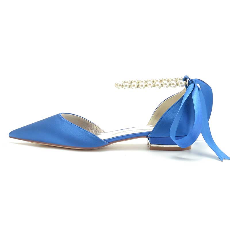 0.98" Pointed Toe Satin Formal Shoes Pearls Lace-Up Flat Wedding Shoes