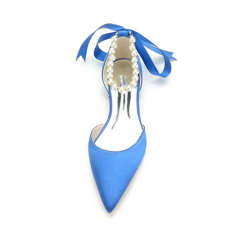 0.98" Pointed Toe Satin Formal Shoes Pearls Lace-Up Flat Wedding Shoes