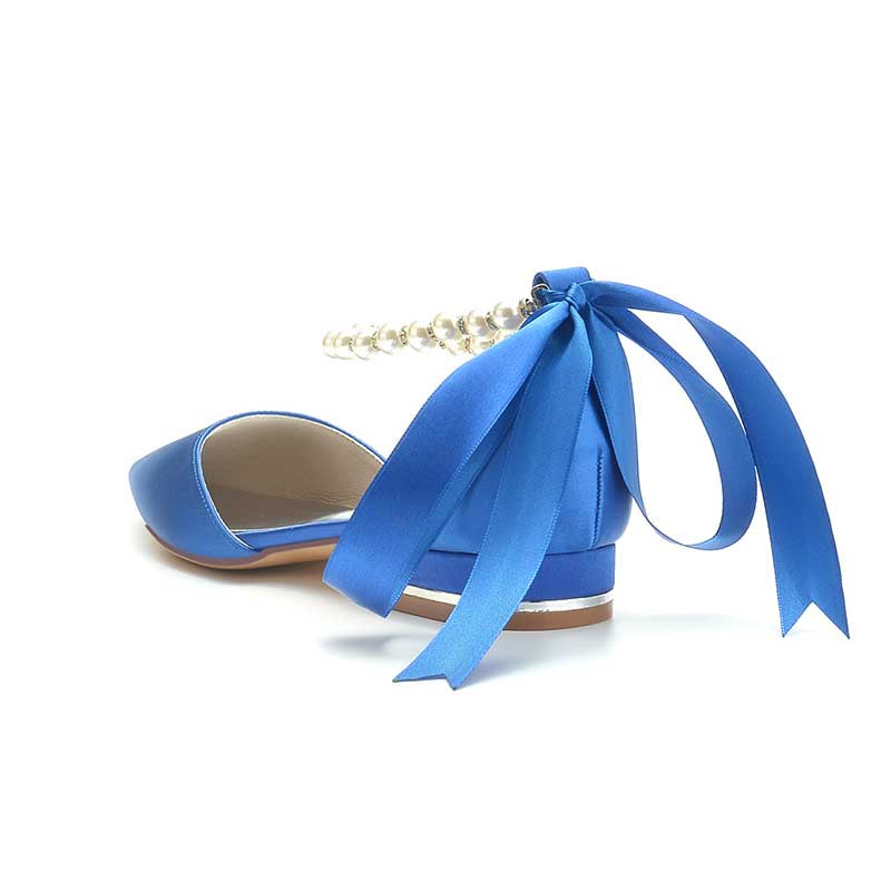 0.98" Pointed Toe Satin Formal Shoes Pearls Lace-Up Flat Wedding Shoes