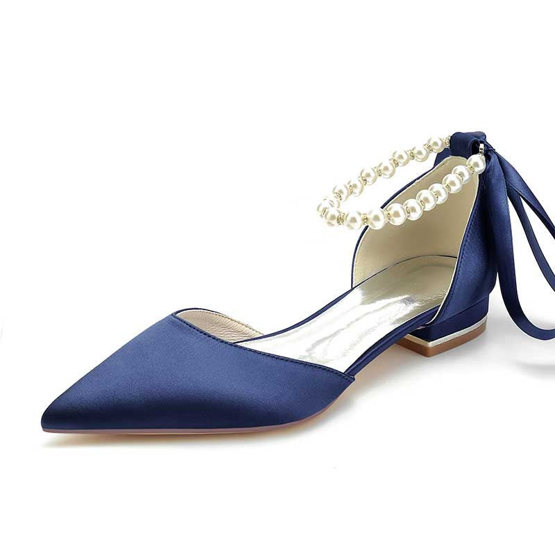 0.98" Pointed Toe Satin Formal Shoes Pearls Lace-Up Flat Wedding Shoes