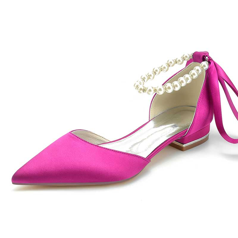 0.98" Pointed Toe Satin Formal Shoes Pearls Lace-Up Flat Wedding Shoes