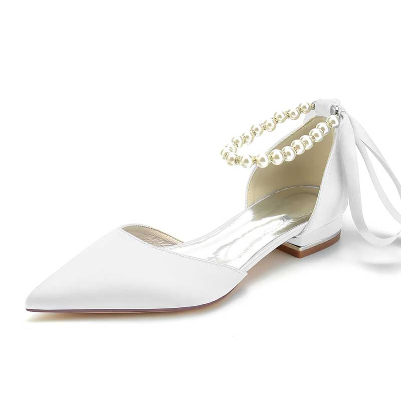 0.98" Pointed Toe Satin Formal Shoes Pearls Lace-Up Flat Wedding Shoes