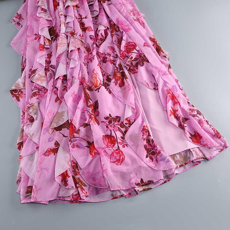 Ruffle Halter Stretch Tulle Floral Maxi Dress