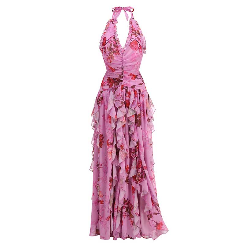 Ruffle Halter Stretch Tulle Floral Maxi Dress