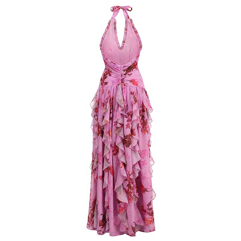 Ruffle Halter Stretch Tulle Floral Maxi Dress