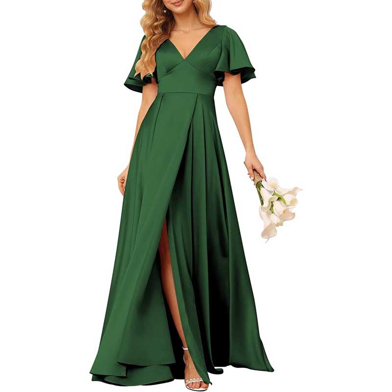 Satin Bridesmaid Dresses Ruffle Sleeves A-Line Long Evening Gowns