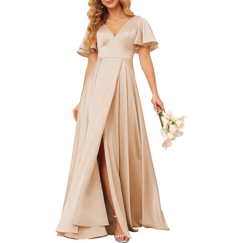 Satin Bridesmaid Dresses Ruffle Sleeves A-Line Long Evening Gowns