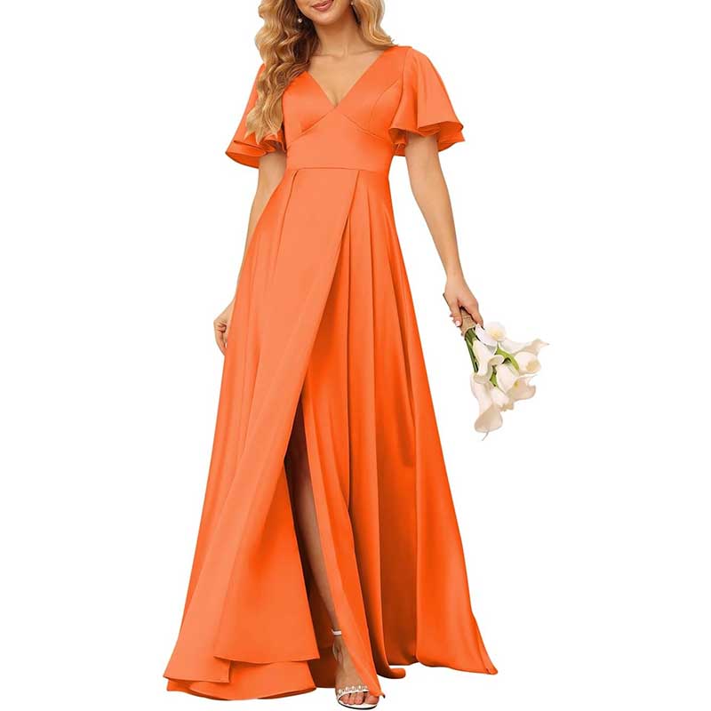 Satin Bridesmaid Dresses Ruffle Sleeves A-Line Long Evening Gowns