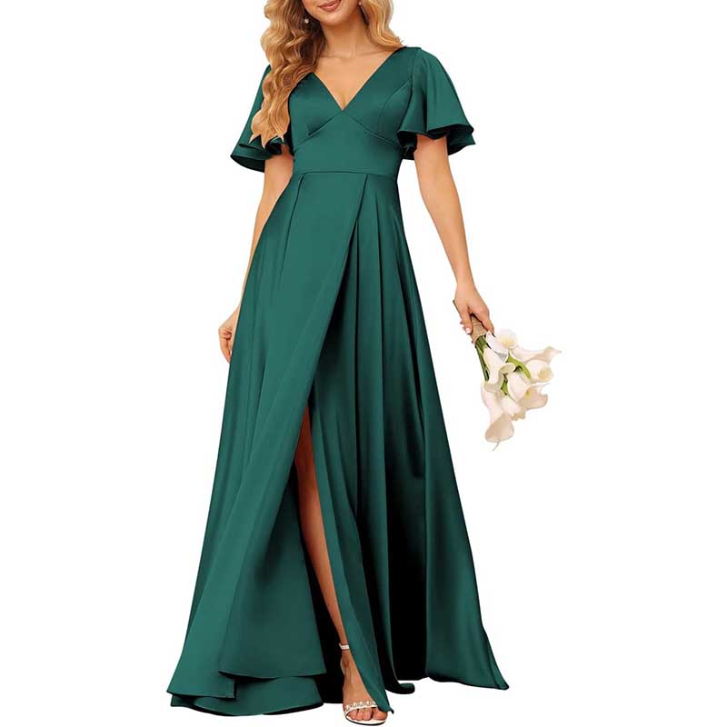Satin Bridesmaid Dresses Ruffle Sleeves A-Line Long Evening Gowns