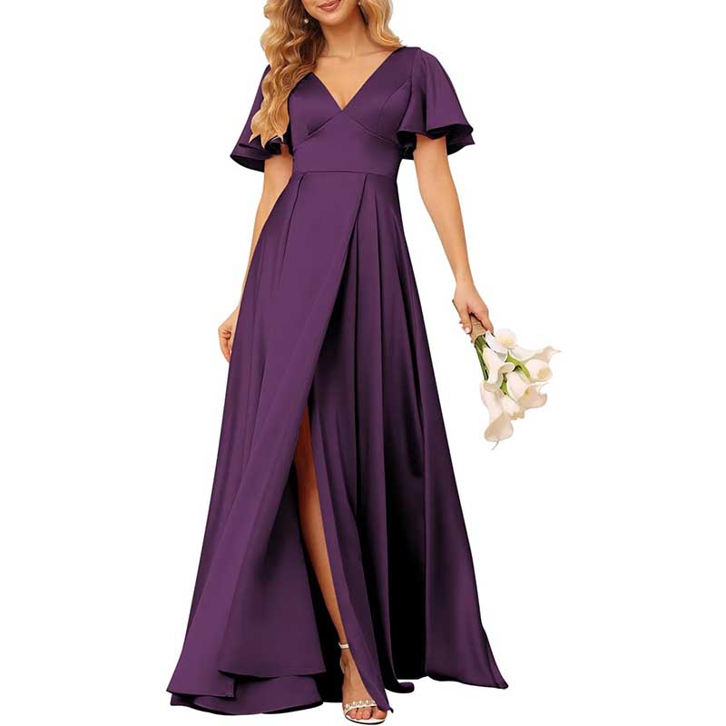 Satin Bridesmaid Dresses Ruffle Sleeves A-Line Long Evening Gowns