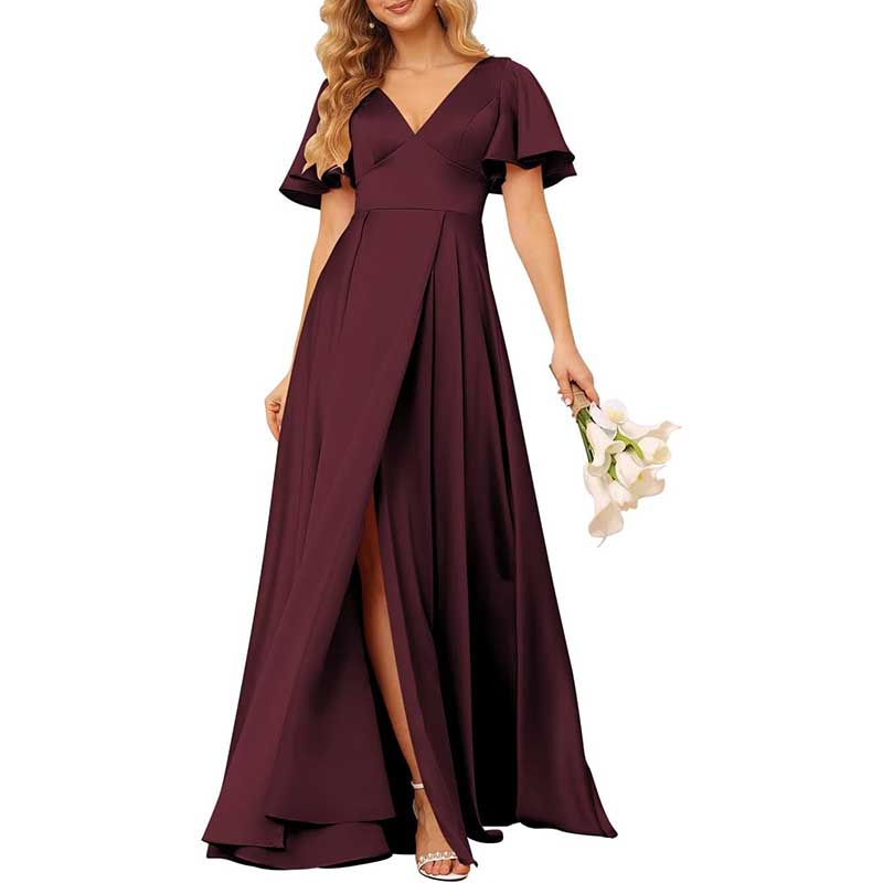 Satin Bridesmaid Dresses Ruffle Sleeves A-Line Long Evening Gowns