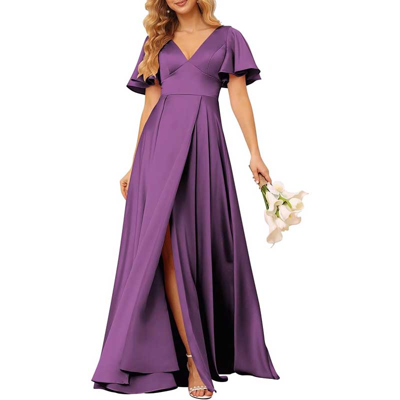 Satin Bridesmaid Dresses Ruffle Sleeves A-Line Long Evening Gowns