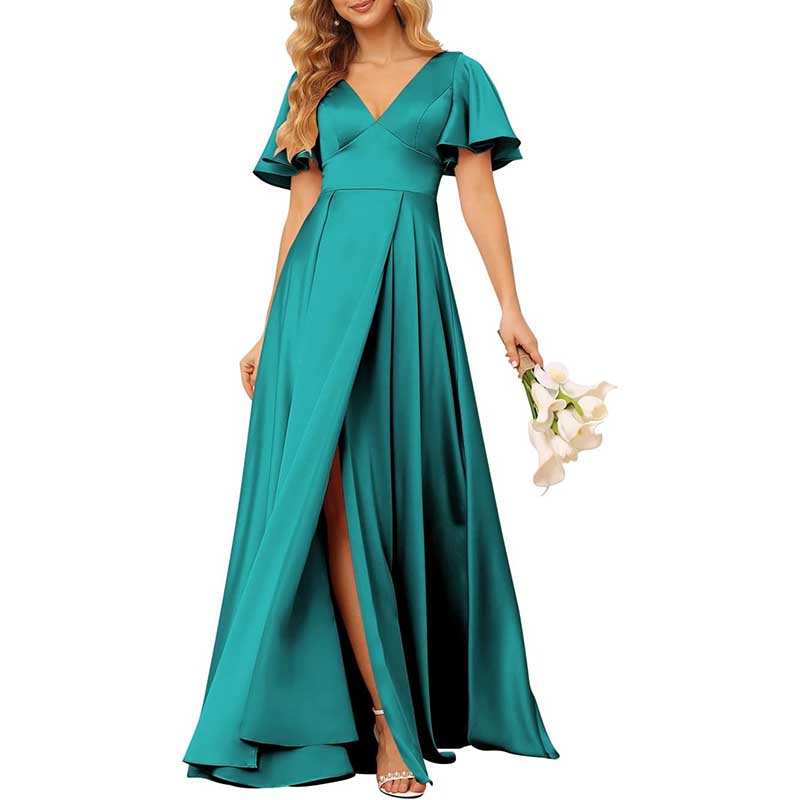 Satin Bridesmaid Dresses Ruffle Sleeves A-Line Long Evening Gowns