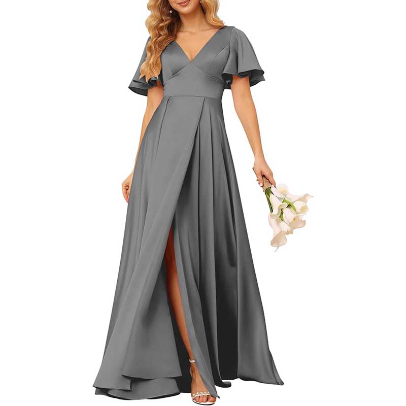 Satin Bridesmaid Dresses Ruffle Sleeves A-Line Long Evening Gowns