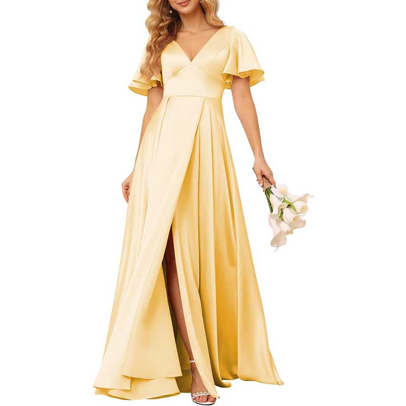 Satin Bridesmaid Dresses Ruffle Sleeves A-Line Long Evening Gowns