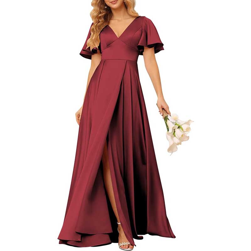 Satin Bridesmaid Dresses Ruffle Sleeves A-Line Long Evening Gowns