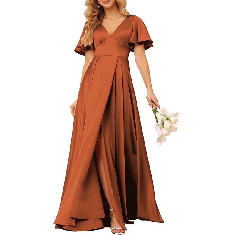 Satin Bridesmaid Dresses Ruffle Sleeves A-Line Long Evening Gowns