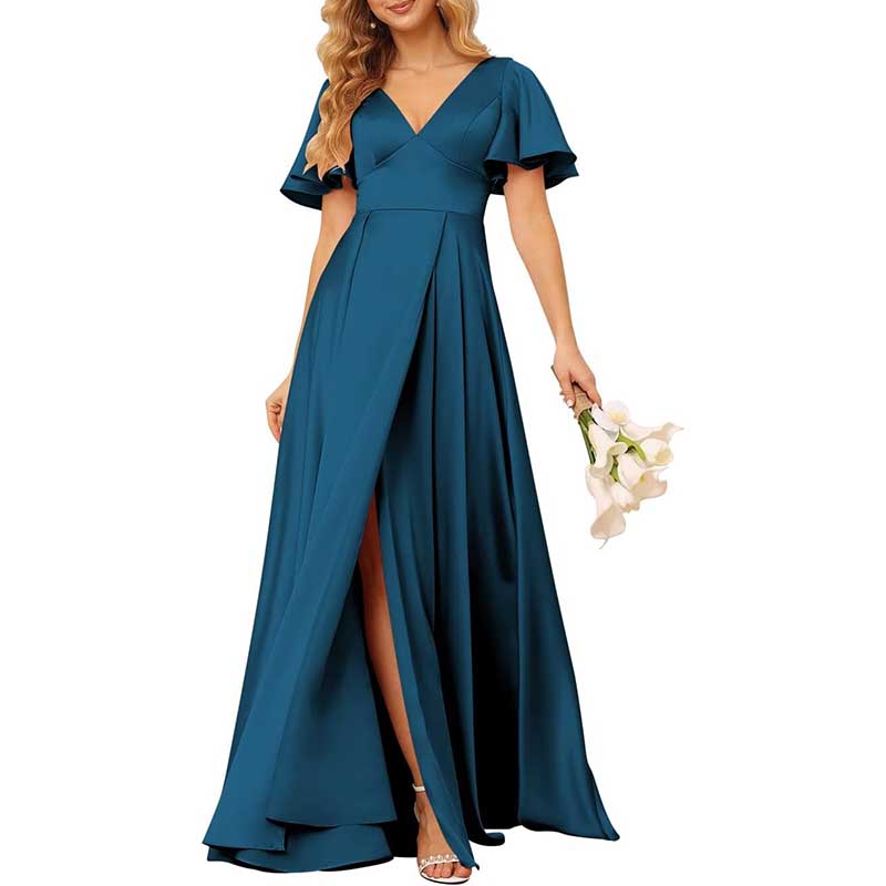 Satin Bridesmaid Dresses Ruffle Sleeves A-Line Long Evening Gowns