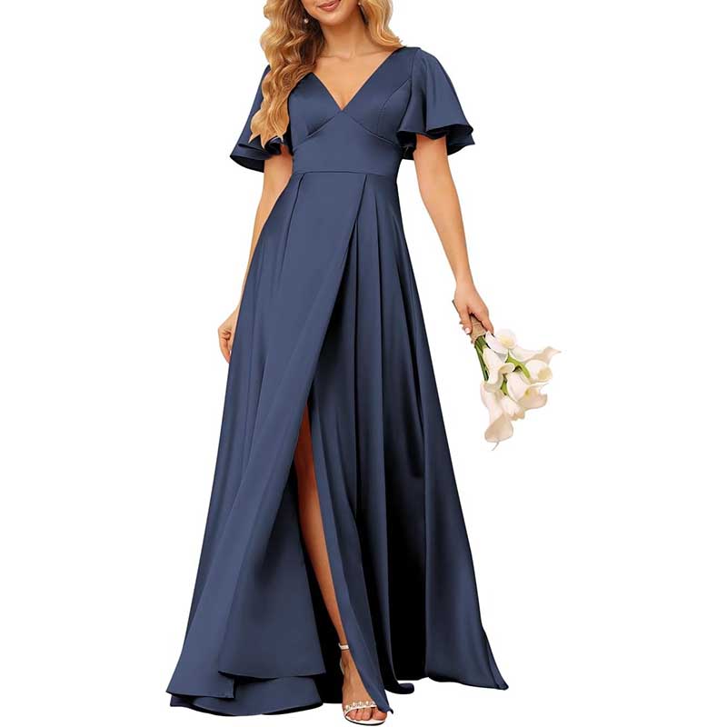 Satin Bridesmaid Dresses Ruffle Sleeves A-Line Long Evening Gowns