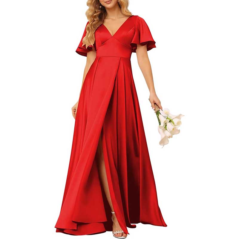 Satin Bridesmaid Dresses Ruffle Sleeves A-Line Long Evening Gowns