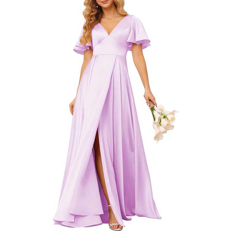 Satin Bridesmaid Dresses Ruffle Sleeves A-Line Long Evening Gowns
