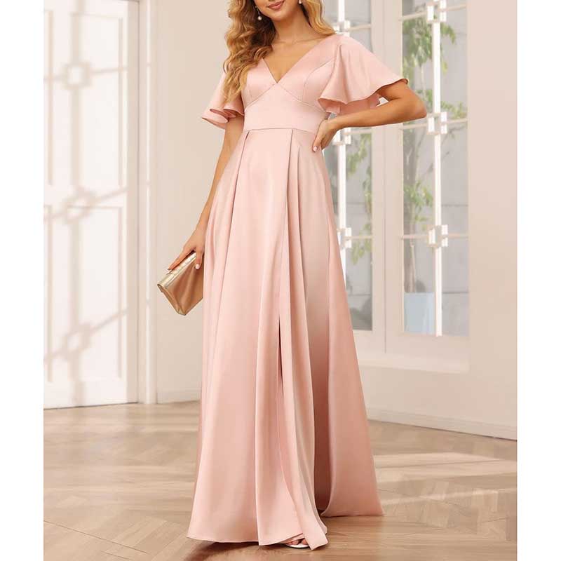 Satin Bridesmaid Dresses Ruffle Sleeves A-Line Long Evening Gowns