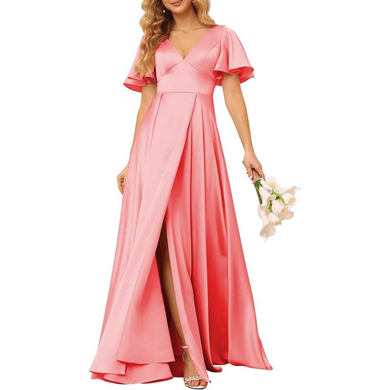 Satin Bridesmaid Dresses Ruffle Sleeves A-Line Long Evening Gowns