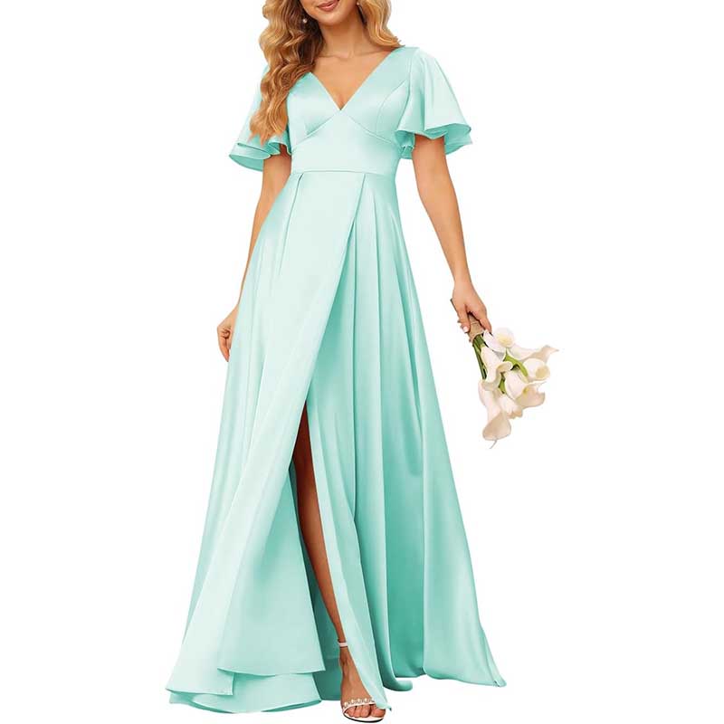 Satin Bridesmaid Dresses Ruffle Sleeves A-Line Long Evening Gowns