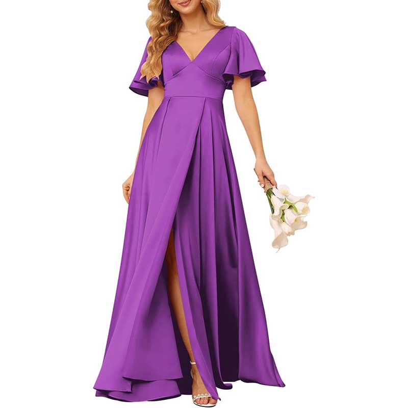 Satin Bridesmaid Dresses Ruffle Sleeves A-Line Long Evening Gowns