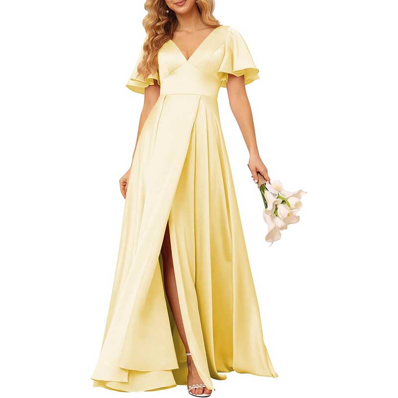 Satin Bridesmaid Dresses Ruffle Sleeves A-Line Long Evening Gowns
