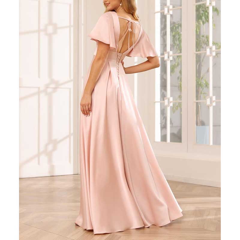 Satin Bridesmaid Dresses Ruffle Sleeves A-Line Long Evening Gowns