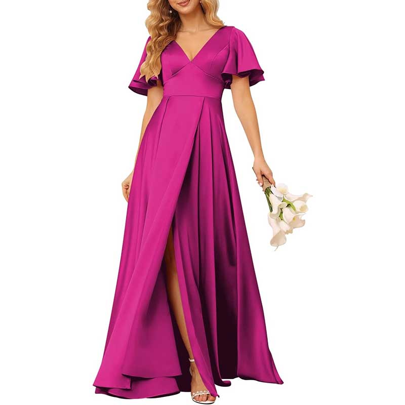 Satin Bridesmaid Dresses Ruffle Sleeves A-Line Long Evening Gowns